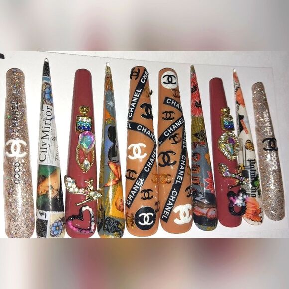 Hand crafted custom print 10pc 3xl acrylic press on nails sz Large - Picture 3 of 6